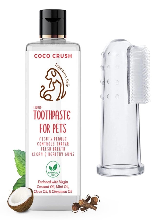 Coco Crush Natural Liquid Toothpaste & Finger Toothbrush Combo for Pets | Coconut Oil, Peppermint Flavour | Fights Plaque & Tartar | 100% Ingestion Safe | For Dogs, Cats, Puppies, Kittens (100ml + Brush) - Image 1